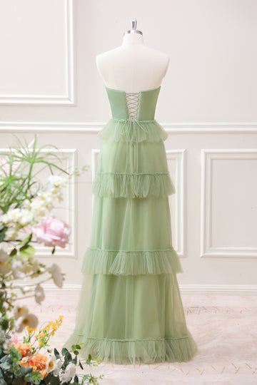 Matcha A-Line Strapless Maxi Dress with Ruffles